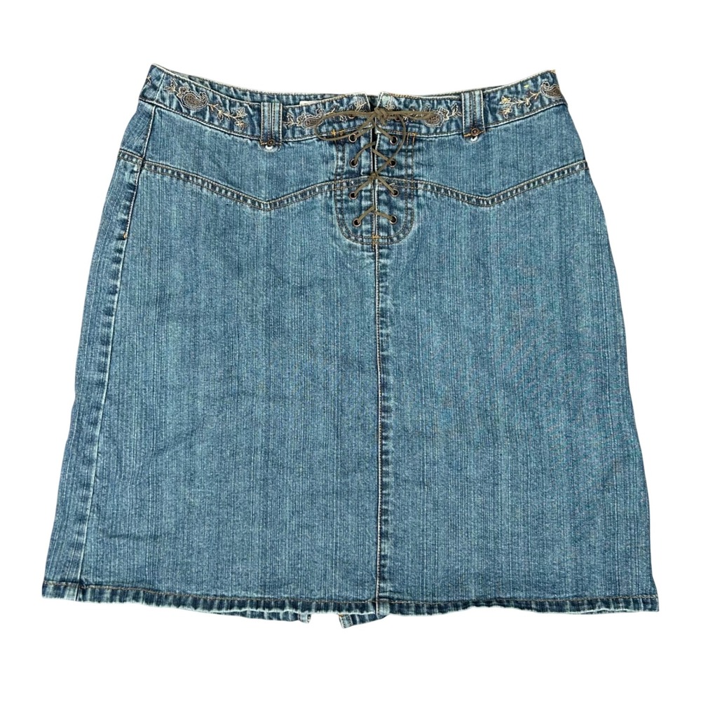 Y2K Boho Paisley Denim Skirt Faded Glory Size 12 Blue Embroidered Western Mini